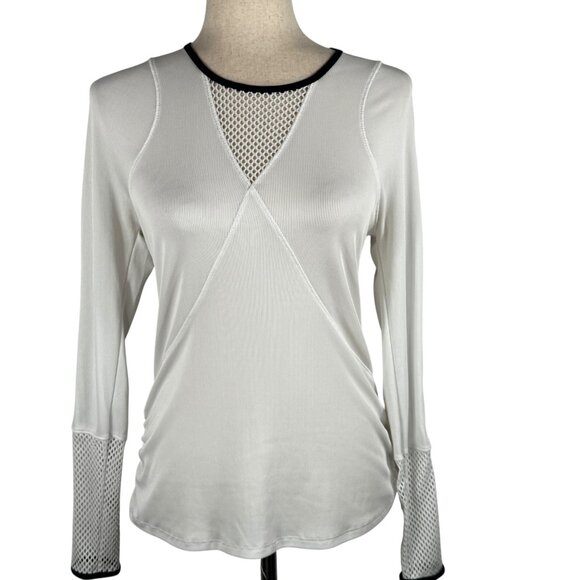 Lucky in Love White Long Sleeve Mesh Insert Top with Navy Trim Size Small - Picture 1 of 8